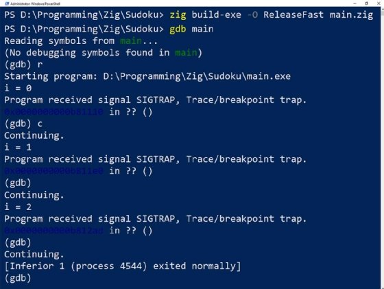 Screenshot of debugging in Zig.